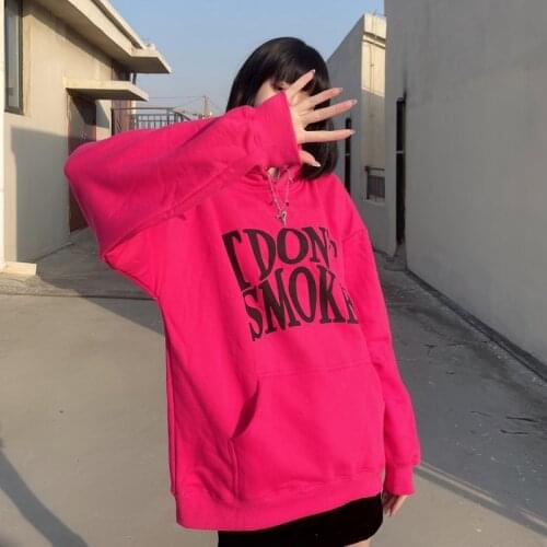 Fashion IDon'tSMOKE Print Hoodies Women Hooded Oversize Pullovers Harajuku Basic Hoodies Female Loose Streetwear Sweatshirts