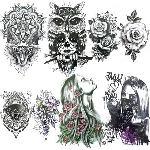 Self Adhesive Animal Flower Temporary Tattoos For Women Men Fake Totem Owl Wolf Tatoos Cool Gangster Rose Diamond Tattoo Make Up