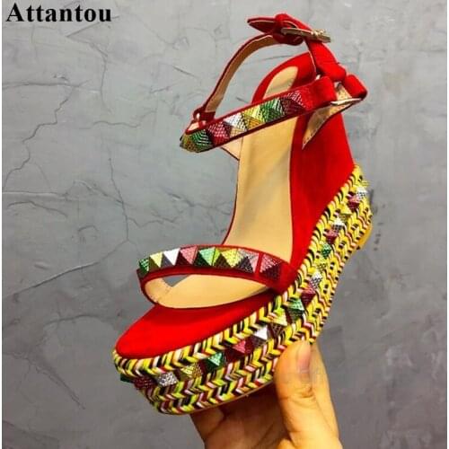 Thick Platform Wedges Gladiator High Heel Sandals Women Colorful Rivet Ankle Strap One Belt Strap Suede Holiday Sandalias Mujer