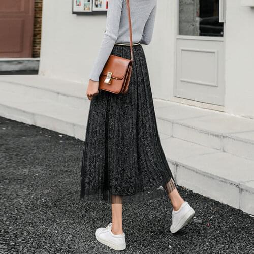 Mesh Skirts Womens 2020 Relax Summer Elastic Waist Empire Shining Sequin Long Skirt School Girl Female A Line Solid Color Wear