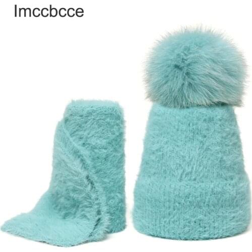 Winter Rabbit Fur Beanies Hat Scarves Set For Child Adult Real Fox Fur Pompon Cap Scarf Warm Soft Crochet Knitted Set For Unisex