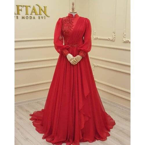 Chiffon Beaded Appliques Long Sleeve Muslim Prom Dress High Neck A Line Saudi Arabic Evening Formal Party Gowns платье 2021