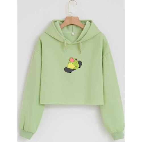 Streetwear Frog Green Long Sleeve Top Crop Top Hoodies for Teen Girls Cute Clothes Kawaii Harajuku Cotton Sweatshirt Korean