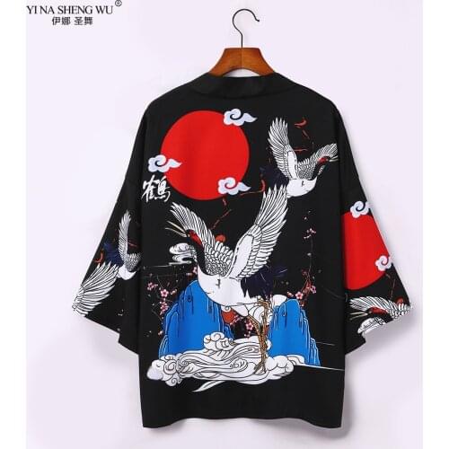 Japanese Costume Crane Print Kimono Men Harajuku Women Tops Japan Haori Cardigan Kimono Yukata Coats Robe Loose Beach Jacket Top