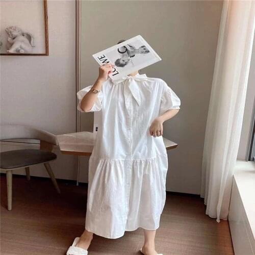 South Koreas Dongdaemun Summer New Solid Color Bow Tie-breasted Shirt Dress Short Sleeve Long A-line Skirt