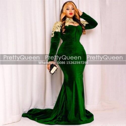 Green Velvet Evening Dresses With Long Sleeves Gold Appliques High Neck Plus Size Women Sweep Train Celebrity Dress Party