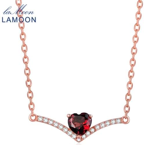 LAMOON Elegent 4mm Natural Heart Red Garnet 925 Sterling Silver Chain Pendant Necklace Women Jewelry S925 LMNI044
