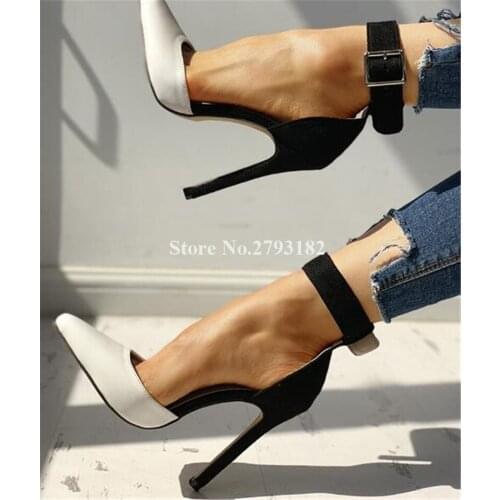 Women Simple Style Pointed Toe Stiletto Heel Pumps White Black Patchwork Ankle Strap High Heels Formal Dress Shoes