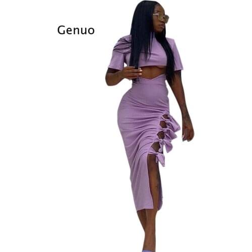 Sexy Two Piece Set Women Irregular Crop Top and Hollow Out Bandage Split Skirt Matching Sets Fall 2021 Fashion Streetwear