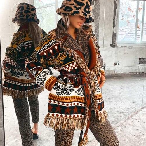 Boho Inspired luxury brand multicoloured cardigan women long sleeve fringe edges knitted long cardigan coat winter winter tops