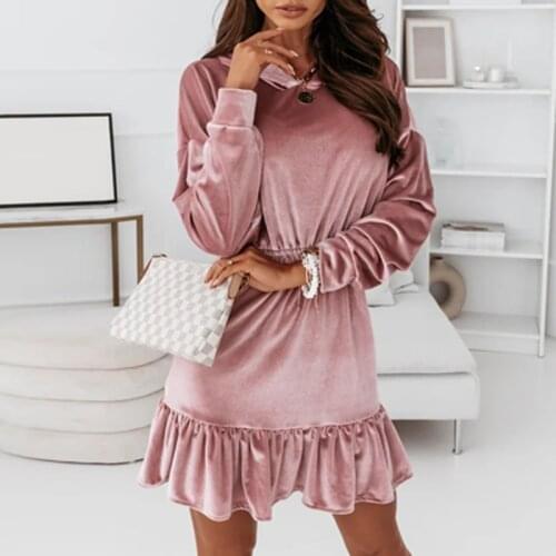 Women Elegant Ruffle Hooded Pullover Dress 2021 Autumn Solid Elastic Waist Velvet Party Dress Winter Long Sleeve Soft Mini Dress