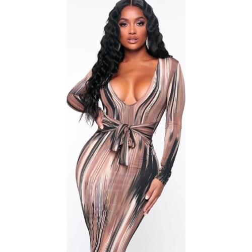 Women spring summer Sexy Club Wrist dress ladies fashion V-Neck Ankle-Length Slim Pullovers female personality long dresses