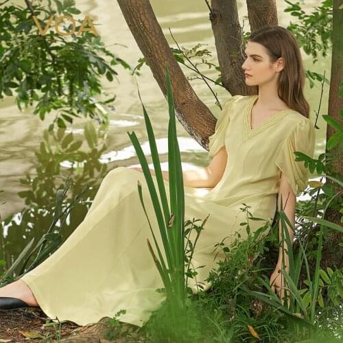 VOA 30m/m Silk Goose Yellow V-neck Short Sleeve Pleated Middle Waist Simple Age-reducing Sweet Big Swing Party Dress Woman AE915