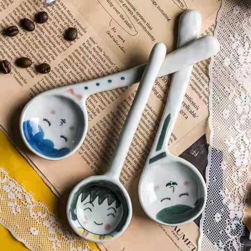 1pc Ceramic Spoon Japanese Creative Lovers Spoon Hand Painted Ice Cream Spoons Dessert Tableware Tiny Spoon Long Handle Spoon