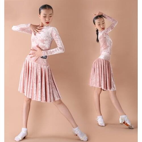 2021 Girl Latin Dance Dress Long Sleeve Practice Dress Chacha Tango Latin Performance Costumes Competition Dance Dress DQS6392