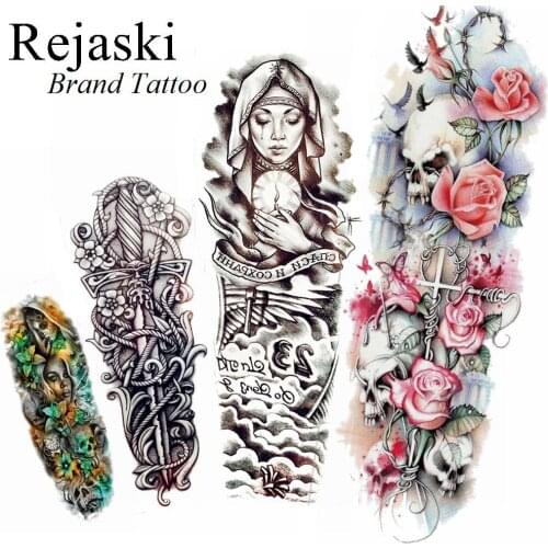 48x17CM Black Sword Totem Cry Nun Temporary Tattoo Men Full Arm Body Art Tattoo Sticker Women Rope Waterproof Tatoo Big Wave Leg