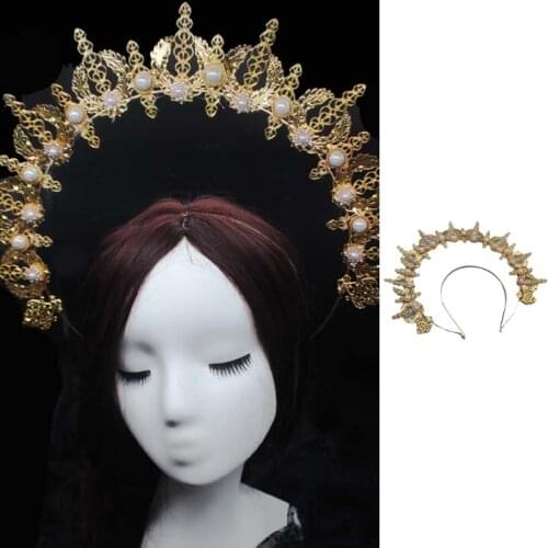 649D Vintage Lolita Jewelry Accessories Embossed Moon Halo Crown Pearl Decor Headband Metal Tiara DIY Material Package