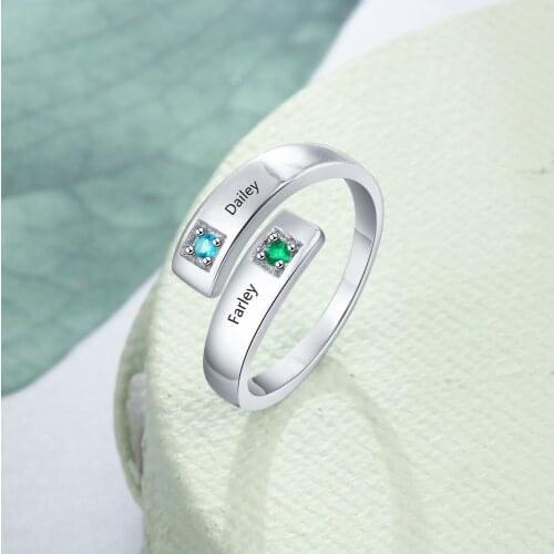 925 Sterling Silver Personalized Mothers Rings with 2 Birthstones Engraved Name Rings For Women Customized Jewelry Gift