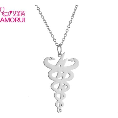 AMORUI Snake Double Wings Symbol Medical Nurse Animal Pendants Necklaces for Men / Women Jewelry Nurse Day Gifts Jewelry Box