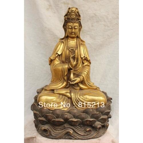 Bi00517 18" Marked Chinese Bronze Gilt Kwan-yin Guanyin Shakyamuni Buddha Vase Statue