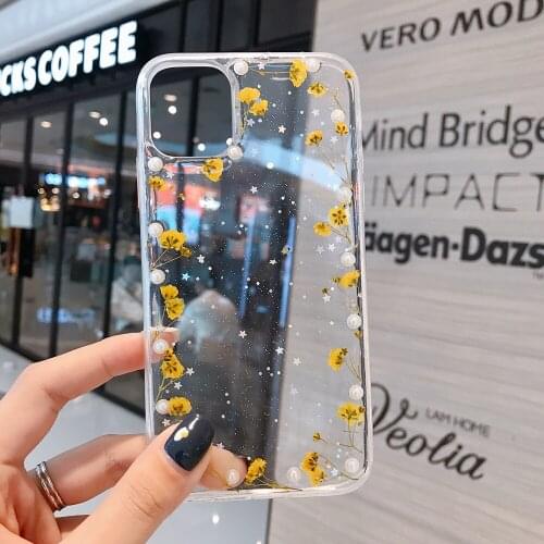 Glitter Dry Flower Clear Cover Case for IPhone 12 Mini 11 Pro Max XS XR X 8 7 Plus SE 2020 Soft Silicone Phone Case Fundas Coque