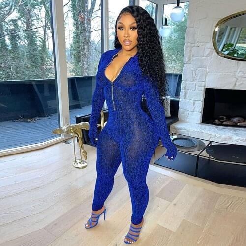 Shiny Fabric Fitness Rompers Womens Jumpsuit Streetwear Zipper Up Long Sleeve with Gloves Overall Sexy See Through Skinny Outfit