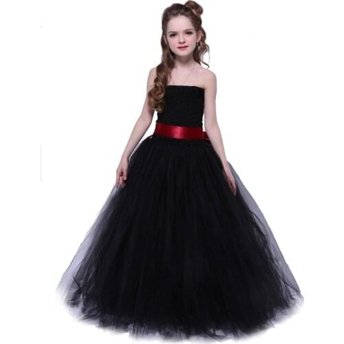 Solid Black Teenage Girls Long Evening Dress Kids Girl Off-shoulder Feet Dresses Princess Pageant Costumes Stage Shows Ball Gown