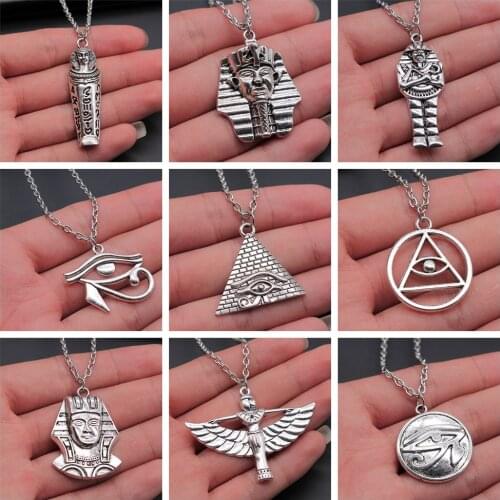 Egyptian Pyramid Pharaoh The Eye Of Horus Ankh Cross Pendant Necklaces For Women Men Jewelry Antique Silver Color African Gift