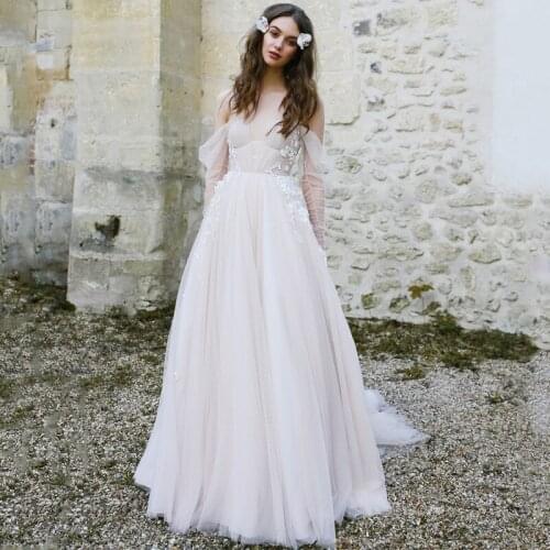 Eightree Elegant Beach Wedding Dress Tulle Applique Cold Shoulder Long Sleeves White A-Line Bridal Evening Gowns Dress Plus Size