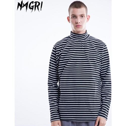 NAGRI Korean Black White Striped Long Sleeve T-shirts Men Fashion Unisex Streetwear Loose Turtleneck T Shirt