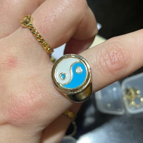 Yin Yang Ring for Women Stainless Steel Gold Vintage Cute Dripping Oil Heart Enamel Ring Finger Jewelry Gift Bijoxu Femme