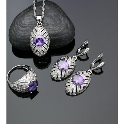 Silver 925 Bridal Jewelry Sets For Women Purple Cubic Zirconia Earrings Ring Pendant Necklace Set Jewelry Kits Silver