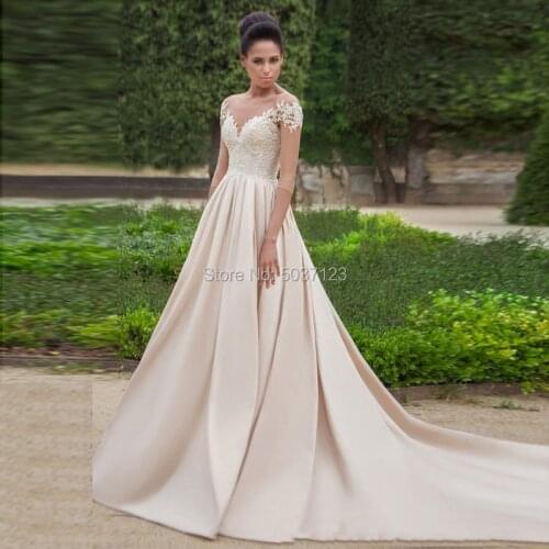 Champagne A Line Wedding Dresses Scoop Half Sleeves Lace Appliques Bridal Gowns Court Train Button Illusion Vestido De Noiva
