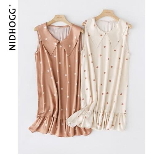 Summer Lovely Satin Long Sleeveless Dress Viscose Polka Dot Turn-down Collar Nightgowns Sexy Sleepwear Home Thin Sleepshirts
