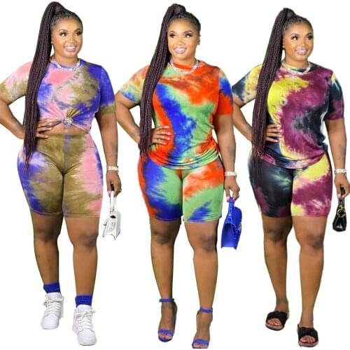 Summer S-5XL Plus Size Women Clothing Two Piece Set Fashion Sport Printed Tie Dye Short Sleeve Round Neck Short Sets Wholesale