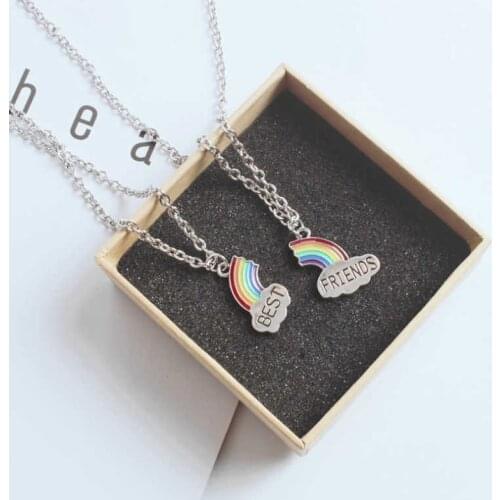 2Pcs/Set Fashion Best Friend Stitching Pendant Necklace for Female Broken Heart Rainbow Friendship Choker Chain Necklace