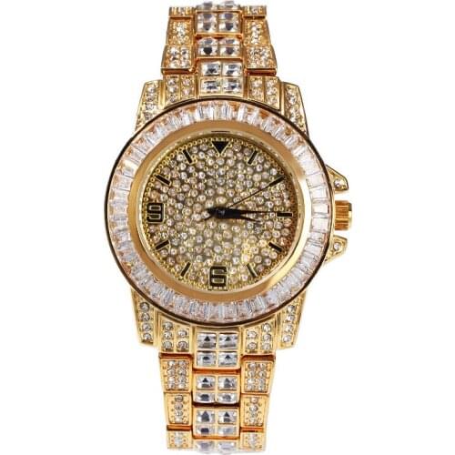 Fashion Luxury Men Gold Color Diamond Top Brand Full Steel Watch Quartz Wristwatch Hip Hop For Men