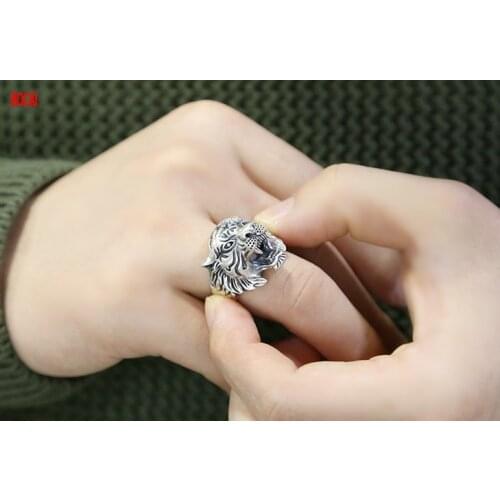 Real 925 Sterling Silver Fashion Jewelry Personality Male Retro Thai Silver Exaggerated White Tiger Open Ring