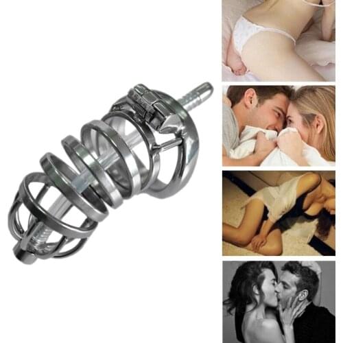 Male Stainless Steel Chastity Lock Device with Soft Tube Restraint Belt lock Penis Ring Rooster Bird Cage Adult Sex Toy