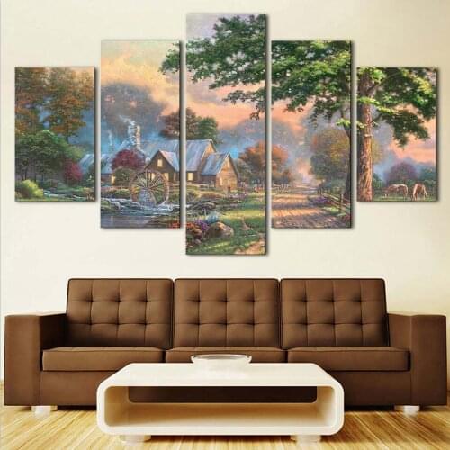 Wall Art Canvas Picture Bedside Background Bedroom Decor 5 Pieces Country Cabin Scenery HD Printed Poster Frame Modular Painting