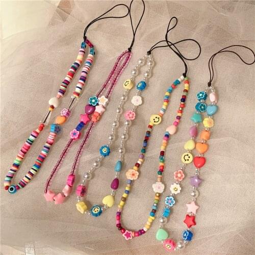 New Fashion Flower Heart Star Beaded Mobile Phone Lanyard Color Acrylic Beaded Mobile Phone Chain Wrist Strap Rope Accessories