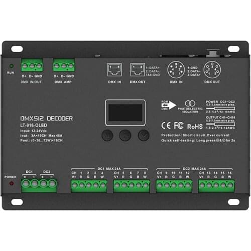 New Led DMX-PWM Decoder;DC12-24V Input;3A*16CH Max 48A 1152W Output XLR-5/RJ45/Green Terminal Port 16 Channel DMX512 Controller