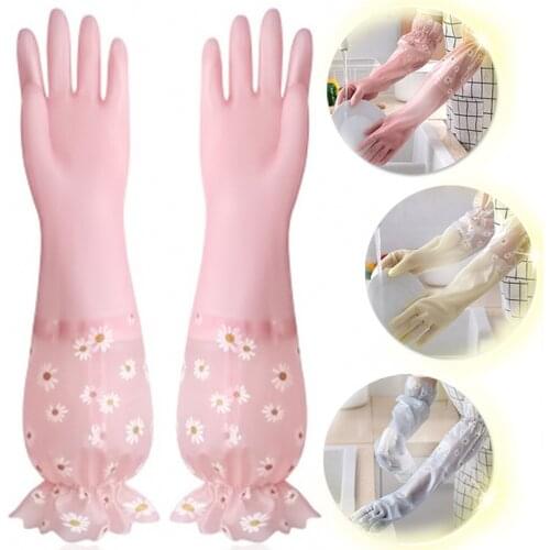 Kitchen Dish Washing Gloves Long Sleeve With Flannel Warm Household Cleaning Rubber Gloves Waterproof Winter Gloves Durable