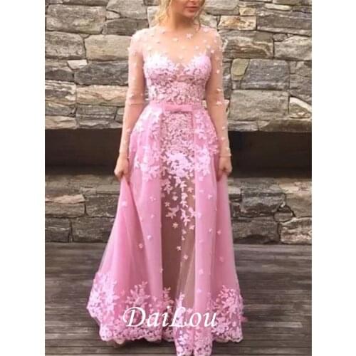 Sheath/Column Long Sleeve Floor-Length Jewel Neckline Button Sheer Back Appliques Evening Prom Dress 2021