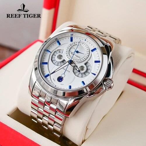 Reef Tiger/RT Top Brand Luxury Mens Quartz Wristwatch Calendar Week Moon Phase Display Watch Multifunction Waterproof Clock