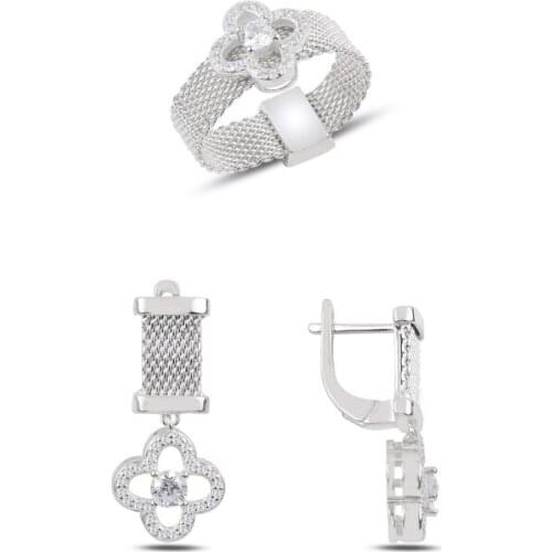 Silverlina Silver Zircon Stone Clover Set