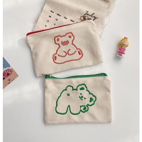Lovely simple INS wind bear makeup receiving students receiving bag girl heart canvas zero purse mouth red envelope