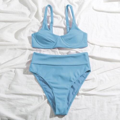 Sexy Bikini Set Solid Color Sleeveless Round Neck High Waist Swimsuit for Women 2021 Beachwear Bathing Suit Biquinis Feminino