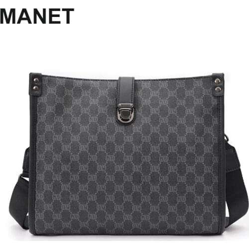 MANET Luxury Bags Fashion Horizontal Plaid Men Messenger Bag Brand Plaid Leather Satchels Crossbody Shoulder Bag for Male Bolsos