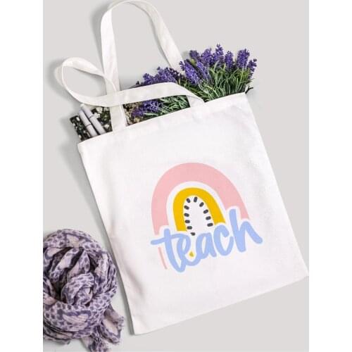 Teach Love Inspire Rainbow Women Canvas Tote Shopping Bag Fashion Gift Teacher Life Reusable Eco Shopper Shoulder Bag Book Bag